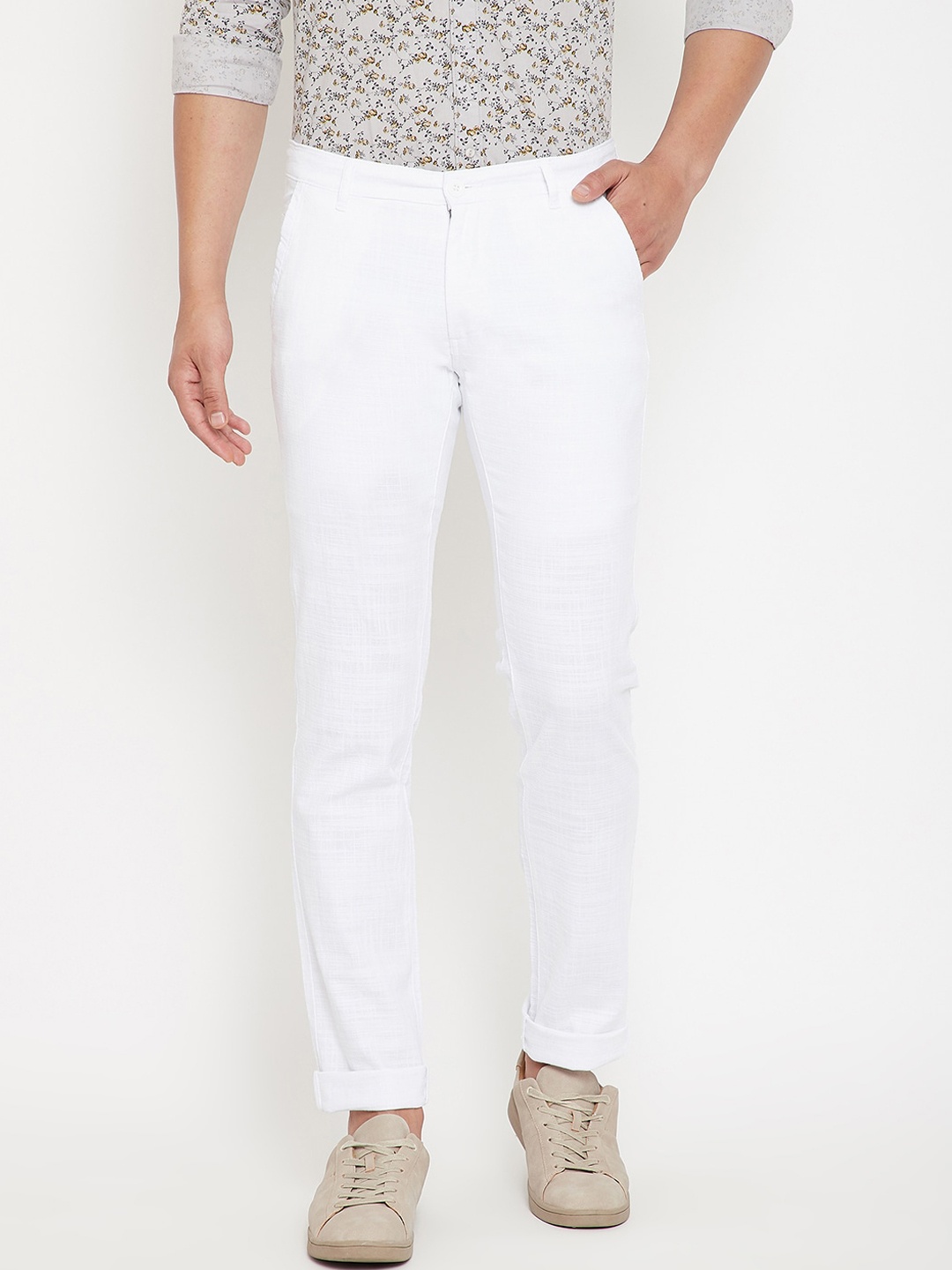 

Canary London Men White Smart Slim Fit Wrinkle Free Trousers