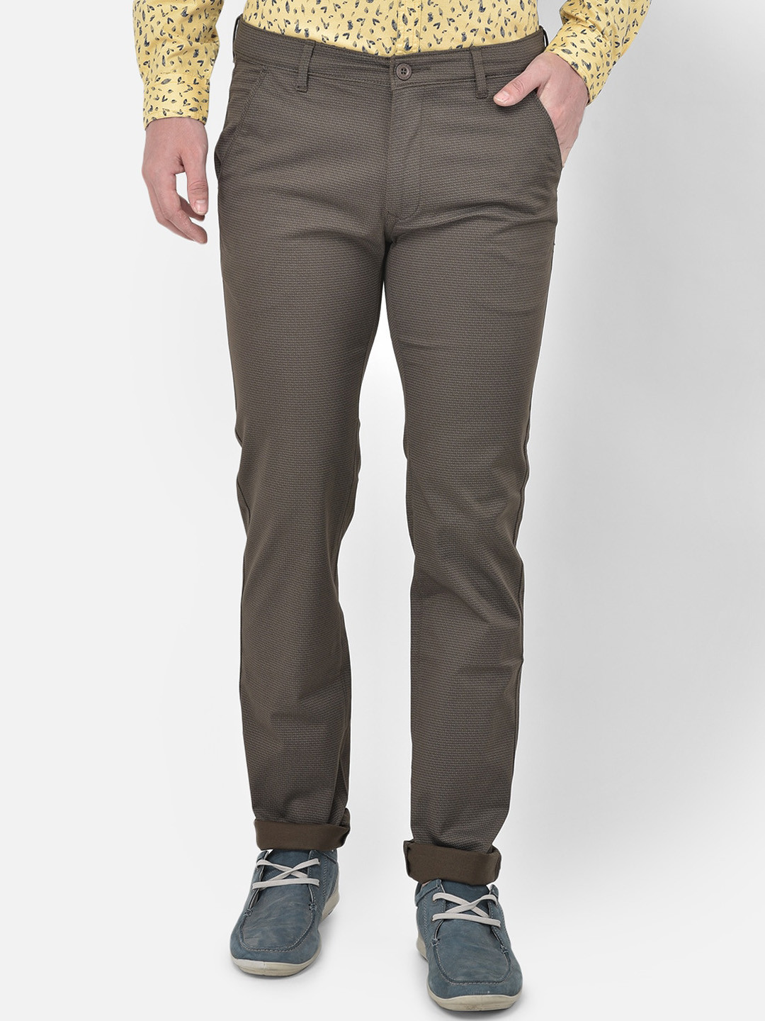 

Canary London Men Olive Green Printed Smart Slim Fit Wrinkle Free Cotton Chinos Trousers