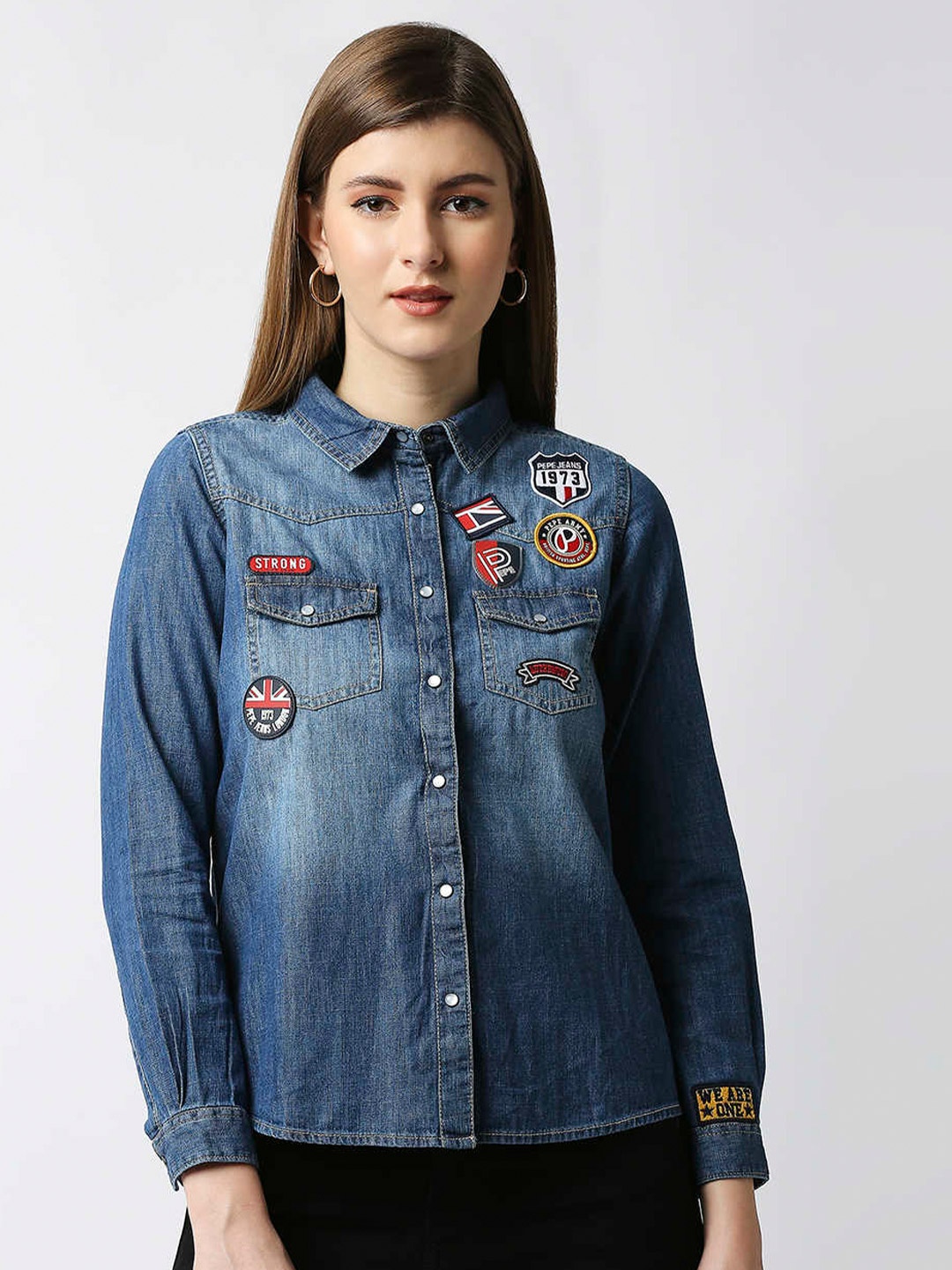 

Pepe Jeans Women Blue Faded Applique Casual Shirt
