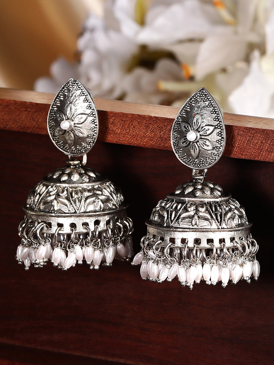 

Rubans Silver-Plated Oxidised Dome Shaped Jhumkas Earrings