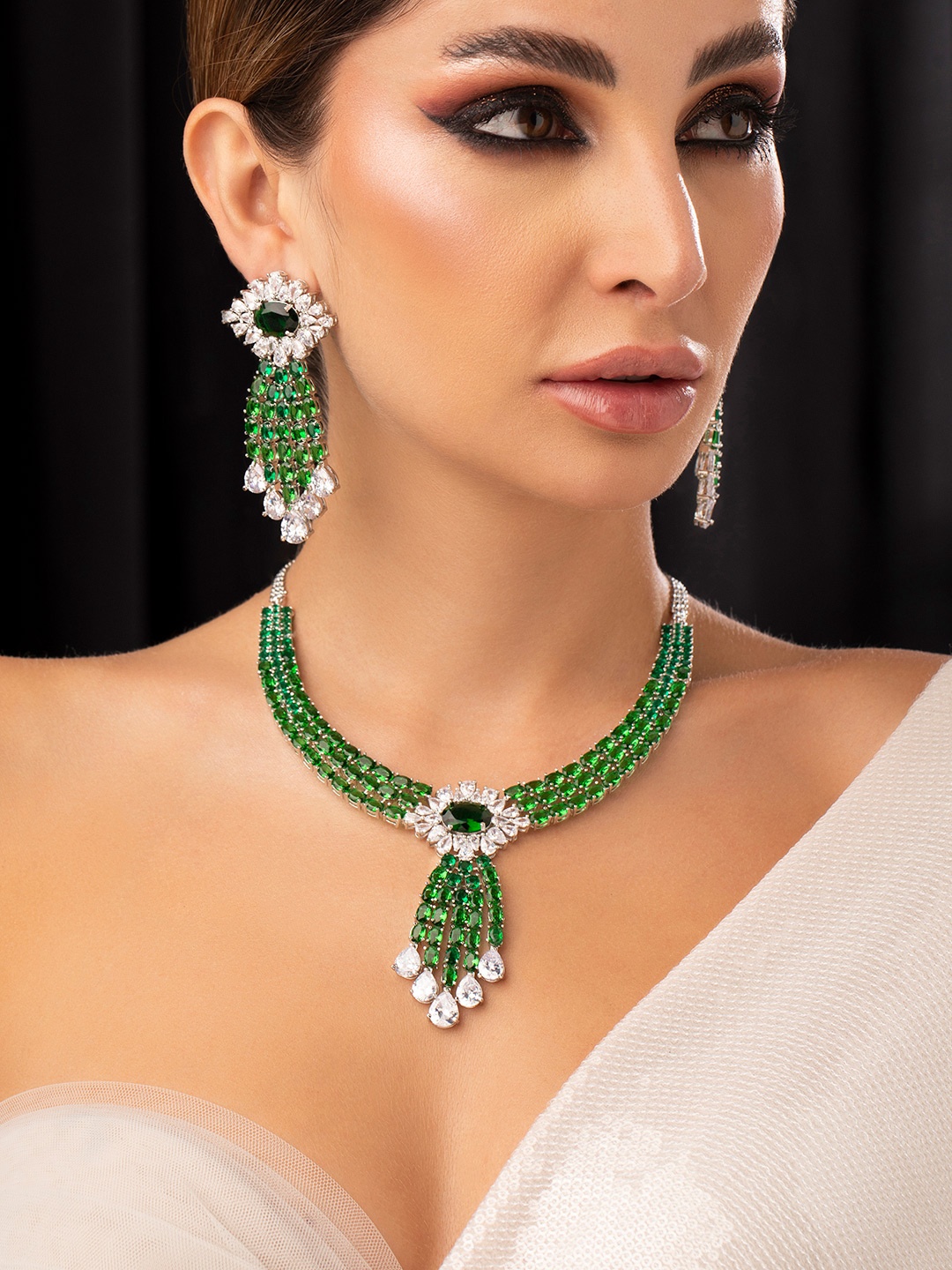 

Rubans Silver-Plated Green & White Emerald Studded Jewellery Set