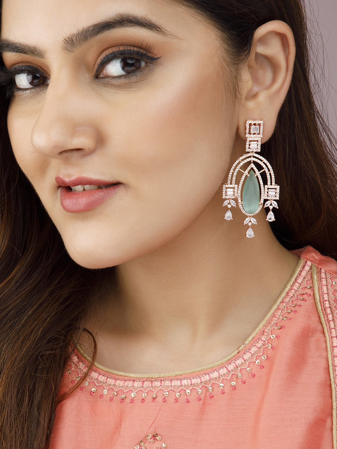 

Rubans Women Rose Gold-Plated & Sea Green Classic Drop Earrings