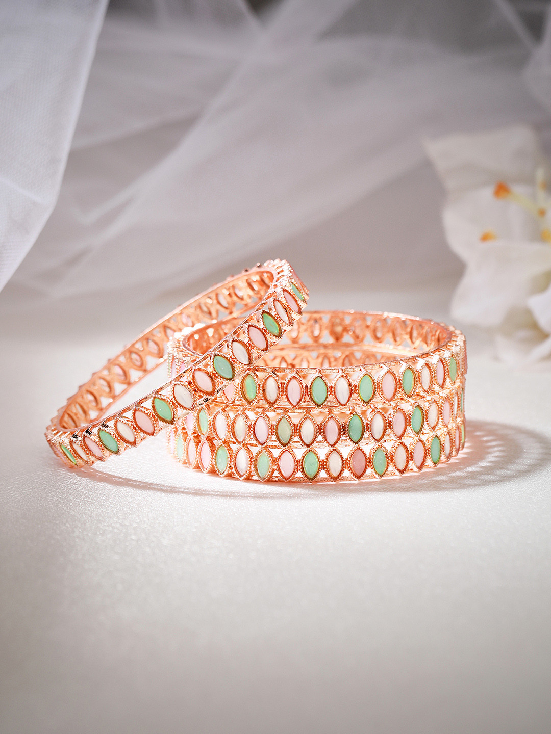 

Rubans Set Of 4 22K Rose Gold-Plated Assorted Kundan-Studded Bangles