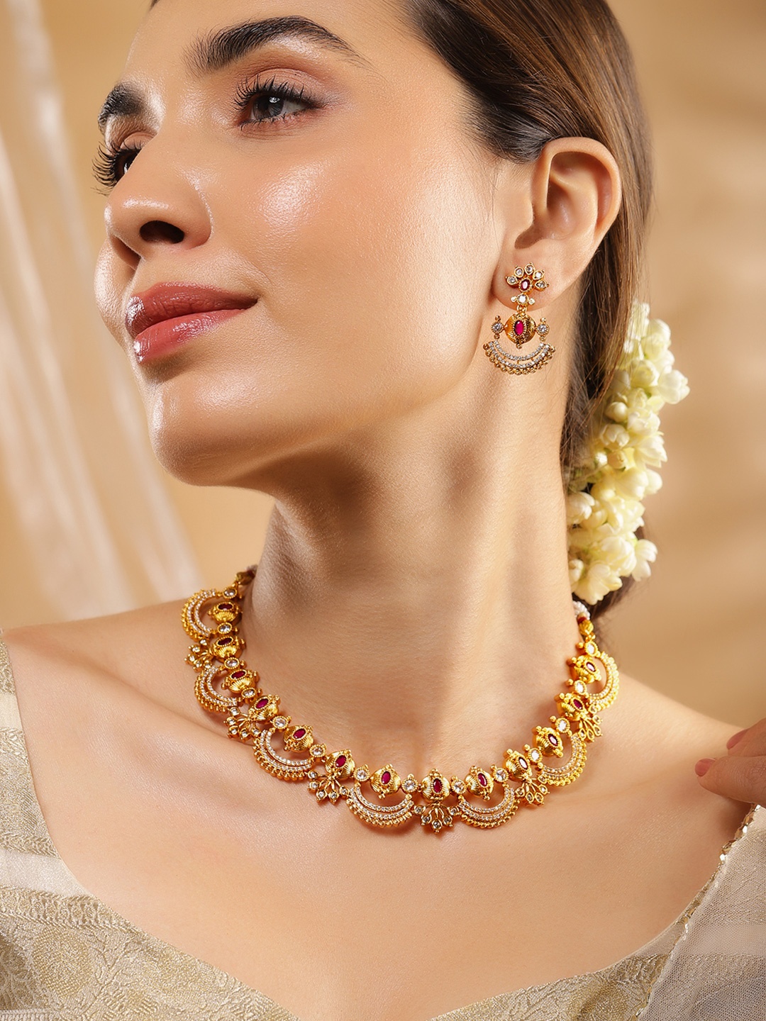 

Rubans 24K Gold-Plated Ruby Pink & Cubic Zirconia Studded Temple Necklace Set