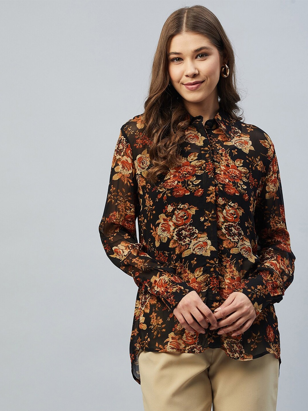 

DELAN Women Black & Rust Relaxed Slim Fit Floral Semi-Sheer High-Low Casual Shirt