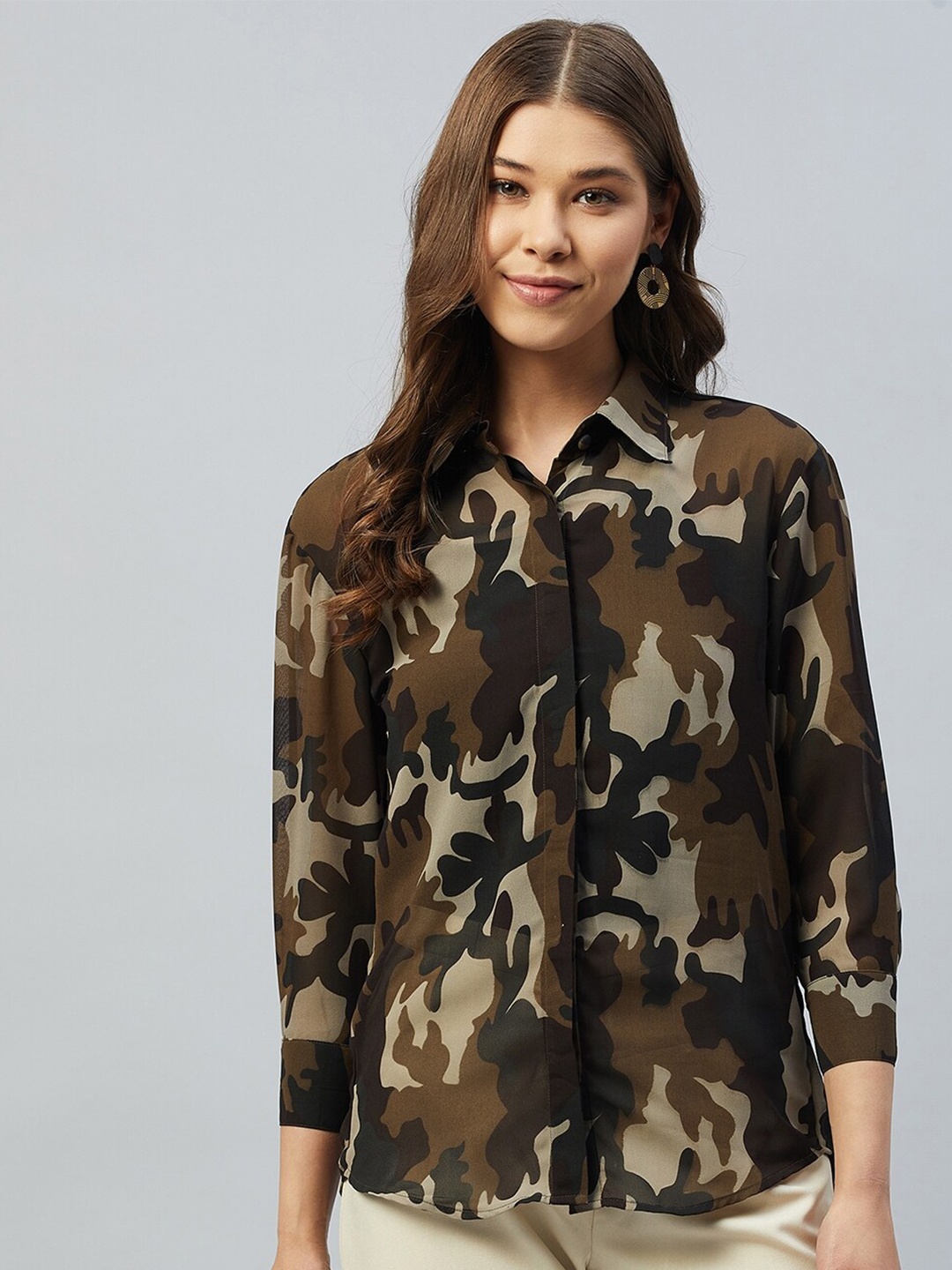 

DELAN Women Green Relaxed Slim Fit Printed Casual Shirt