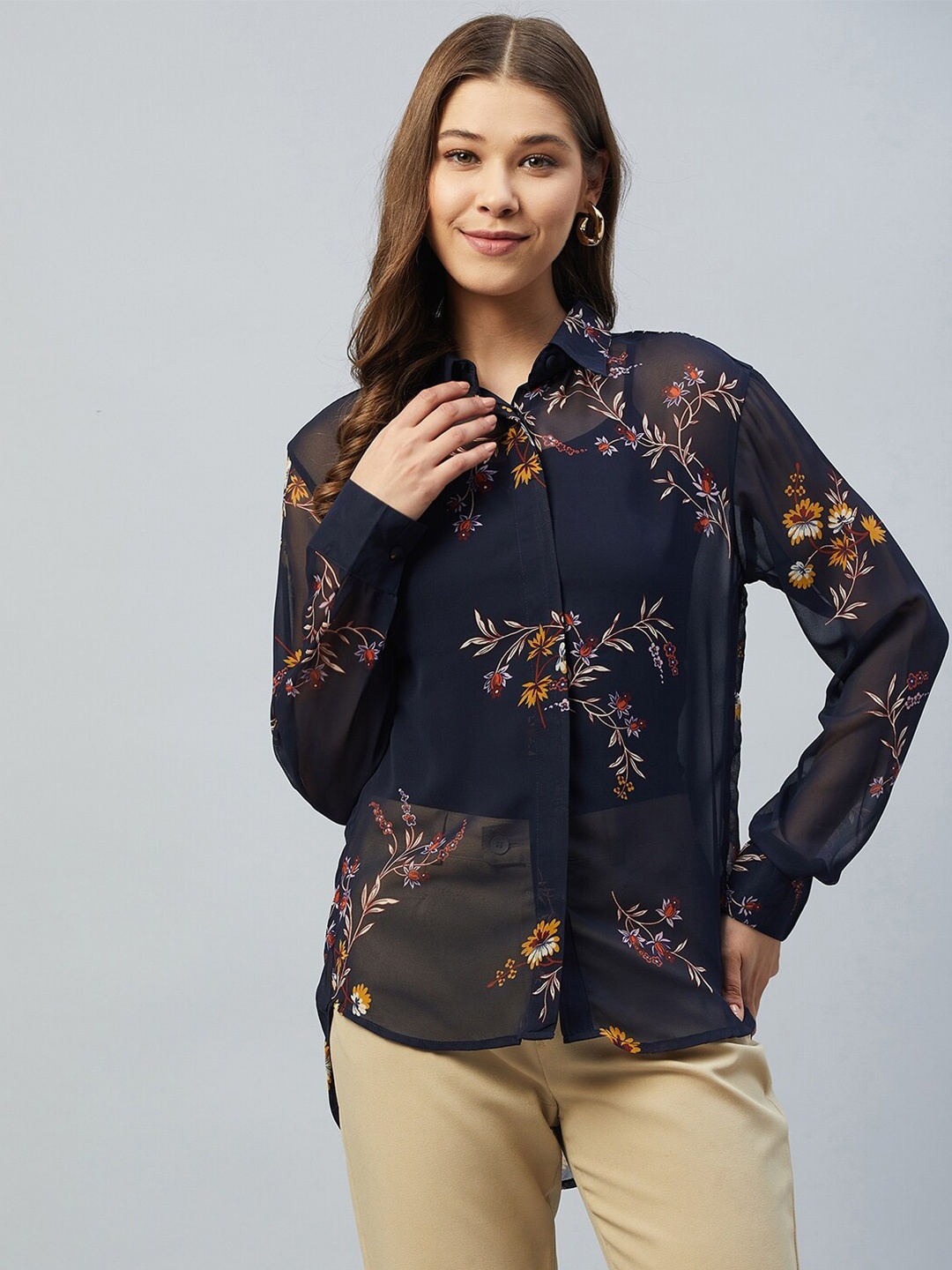 

DELAN Women Navy Blue Relaxed Slim Fit Floral Sheer Printed Casual Shirt