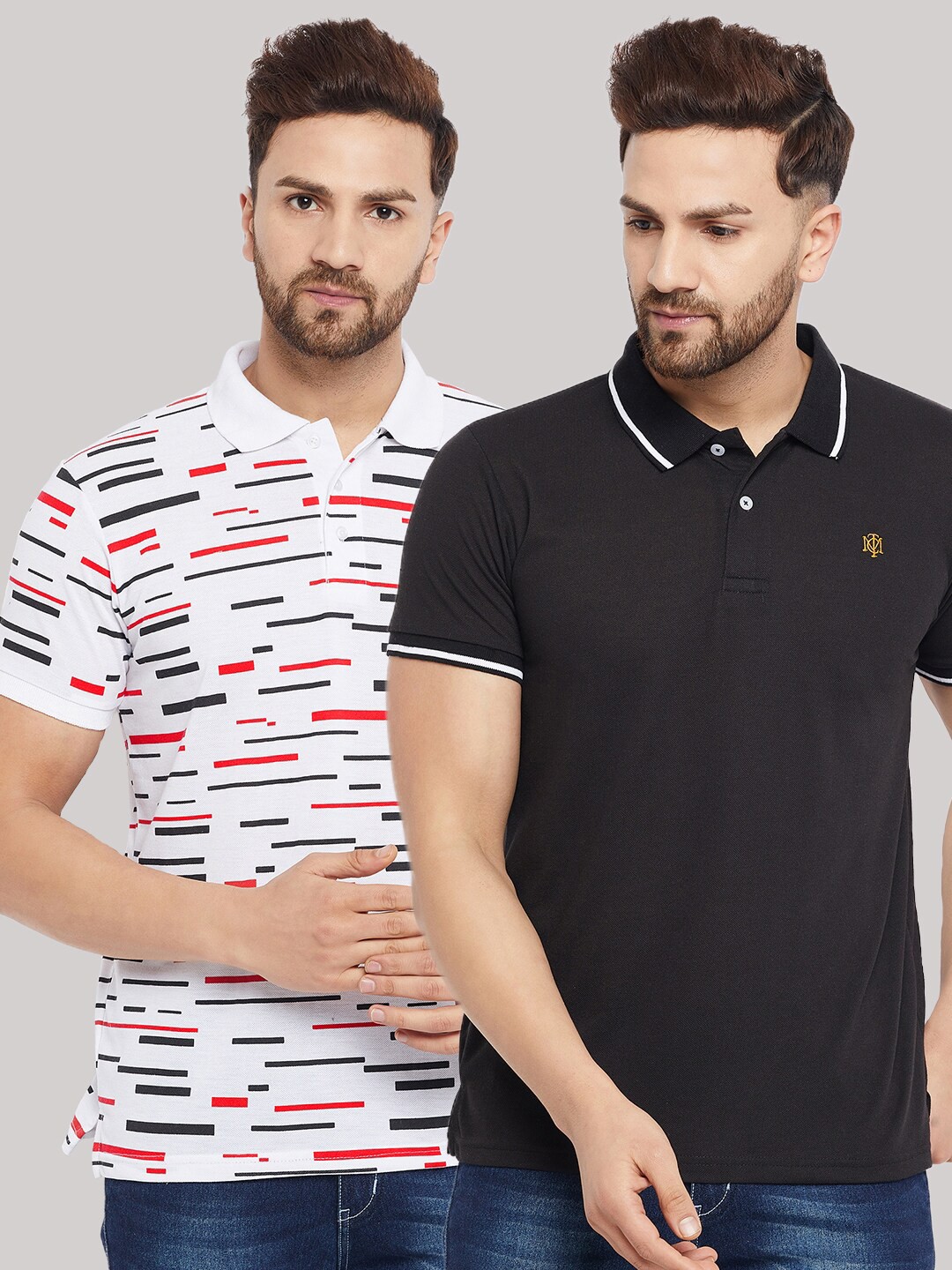 

THE MILLION CLUB Men Set Of 2 Black & White Printed Polo Collar Cotton T-shirt