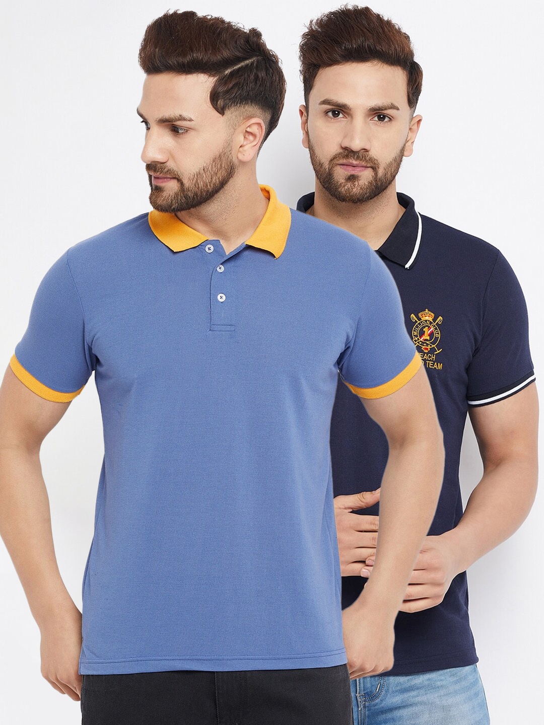 

THE MILLION CLUB Men Set Of 2 Blue & Navy Blue Polo Collar T-shirt