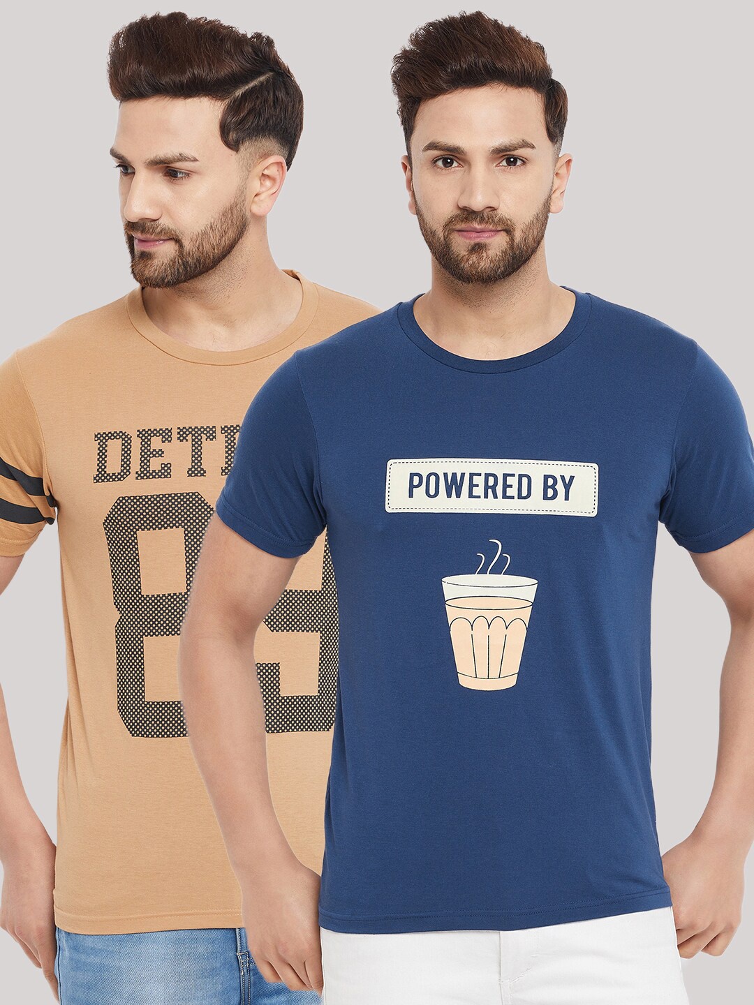 

THE MILLION CLUB Men Set Of 2 Navy Blue & Beige Typography Printed Cotton T-shirt
