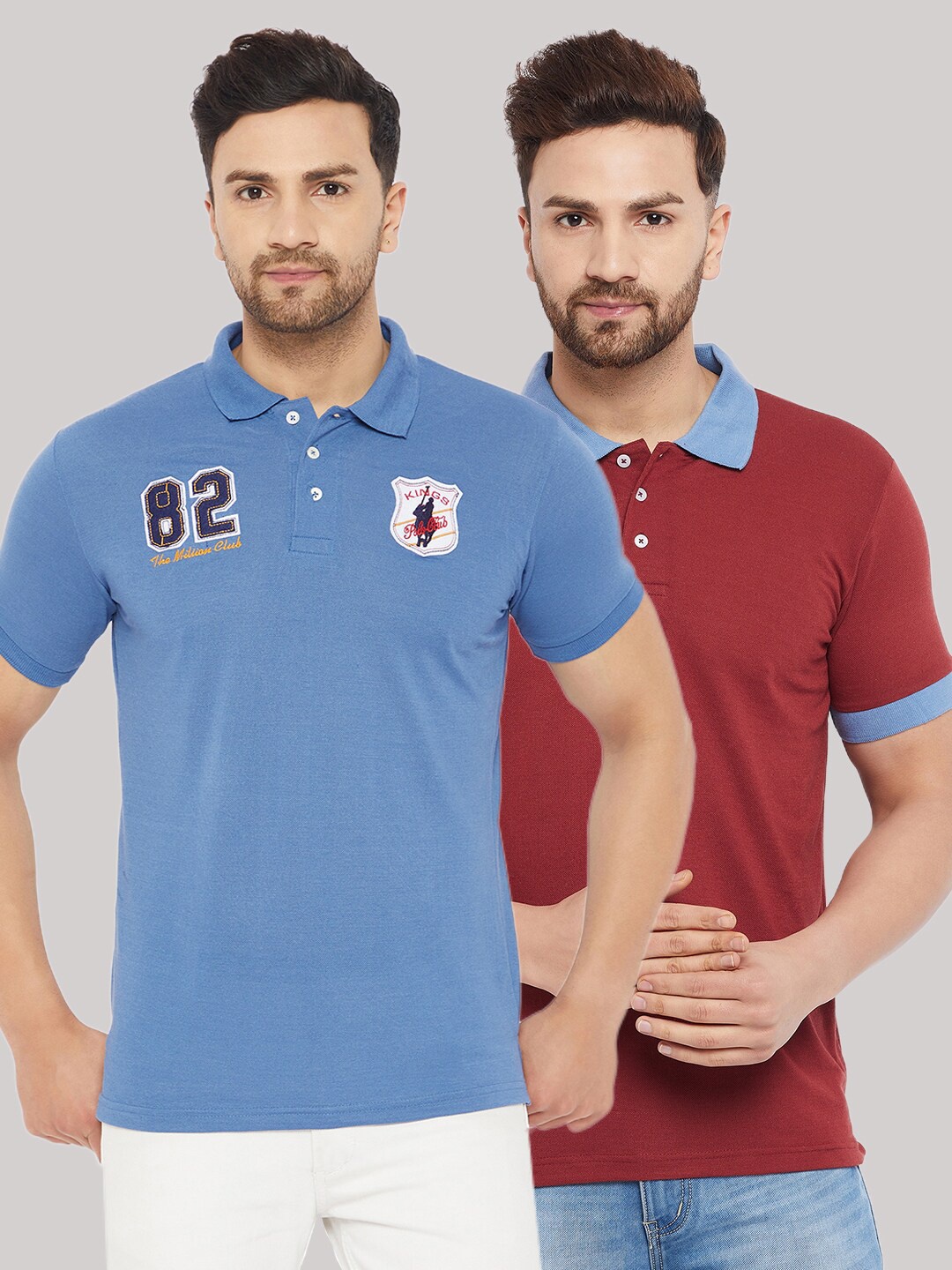 

THE MILLION CLUB Men Blue & Rust Polo Collar Applique T-shirt