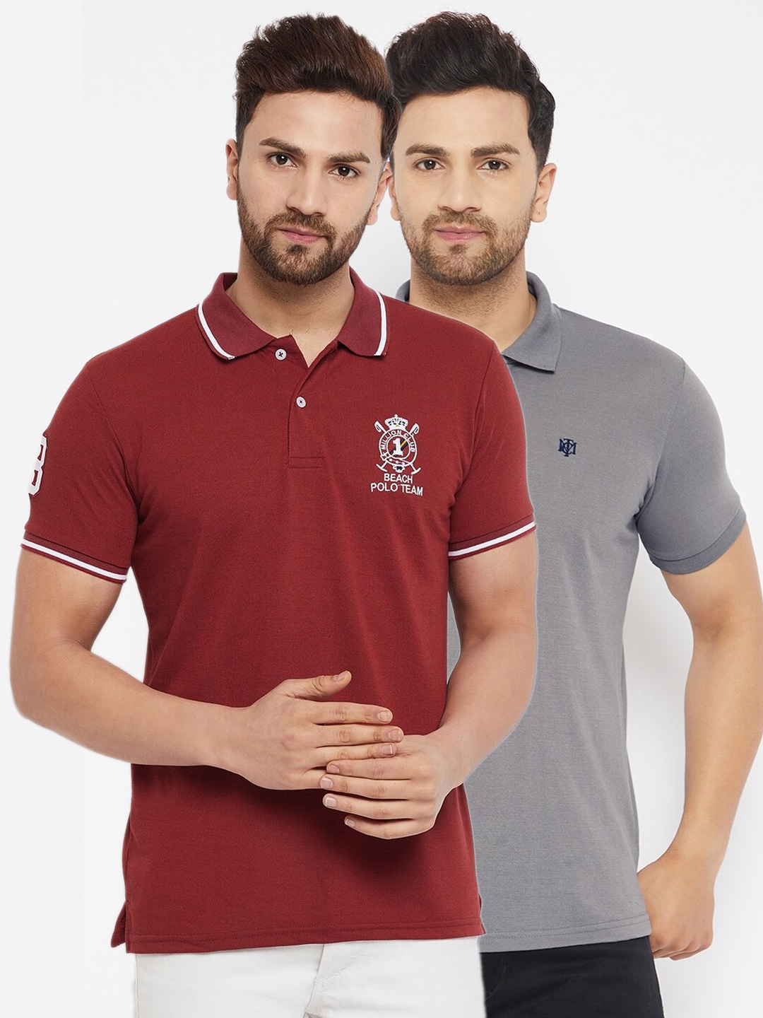 

THE MILLION CLUB Men Grey & Maroon Pack of 2 Polo Collar Cotton T-shirt