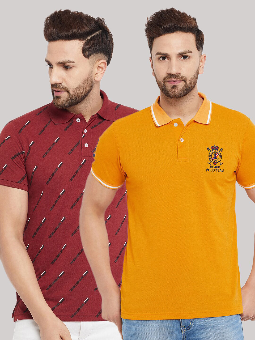 

THE MILLION CLUB Men Pack Of 2 Yellow & Maroon Typography Printed Polo Collar T-shirt
