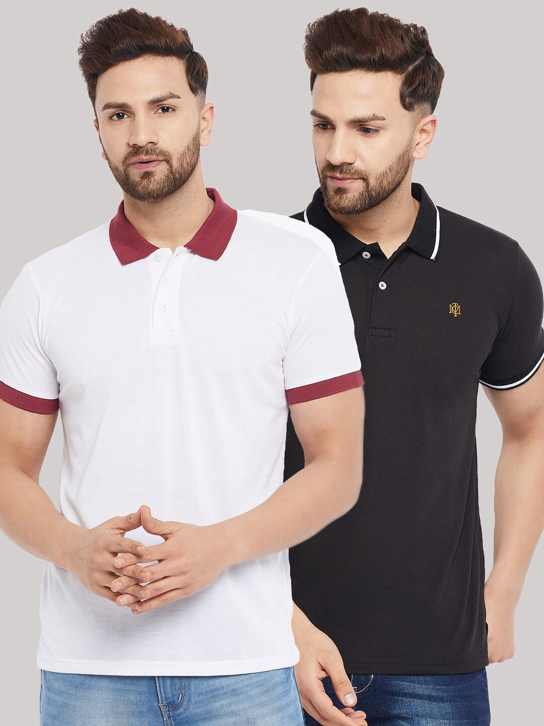 

THE MILLION CLUB Men Set Of 2 White & Black Polo Collar T-shirt