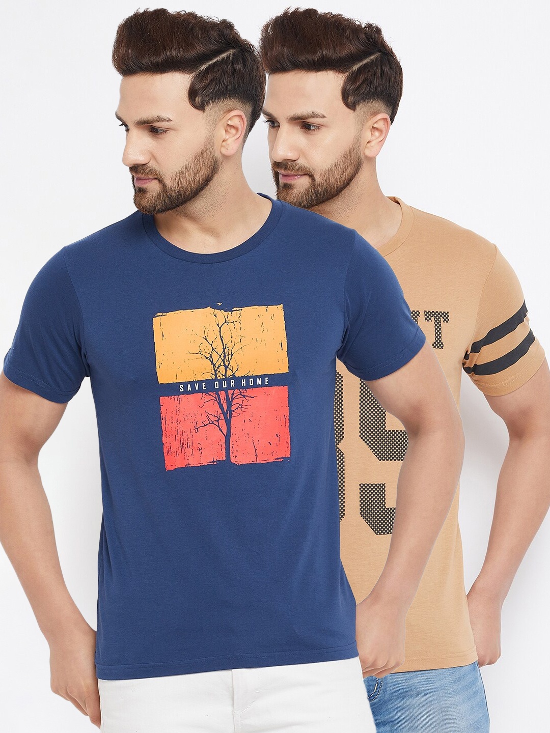 

THE MILLION CLUB Men Navy Blue & Beige Pack Of 2 Printed T-shirt