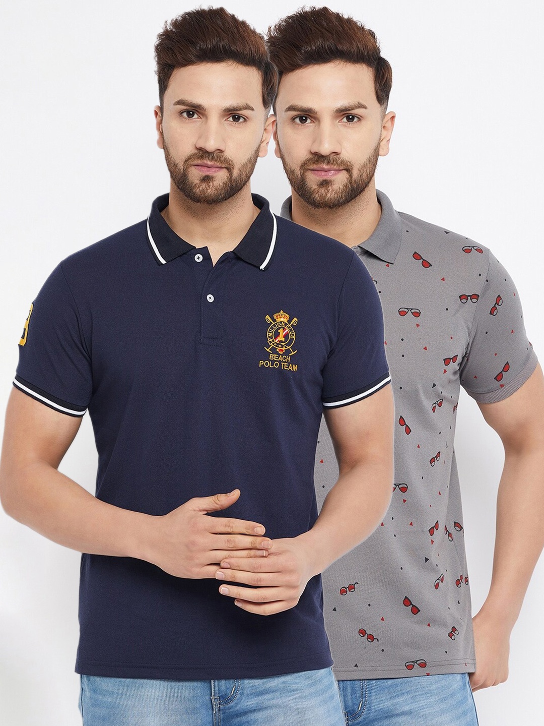 

THE MILLION CLUB Men Navy Blue & Grey Pack of 2 Printed Polo T-shirt