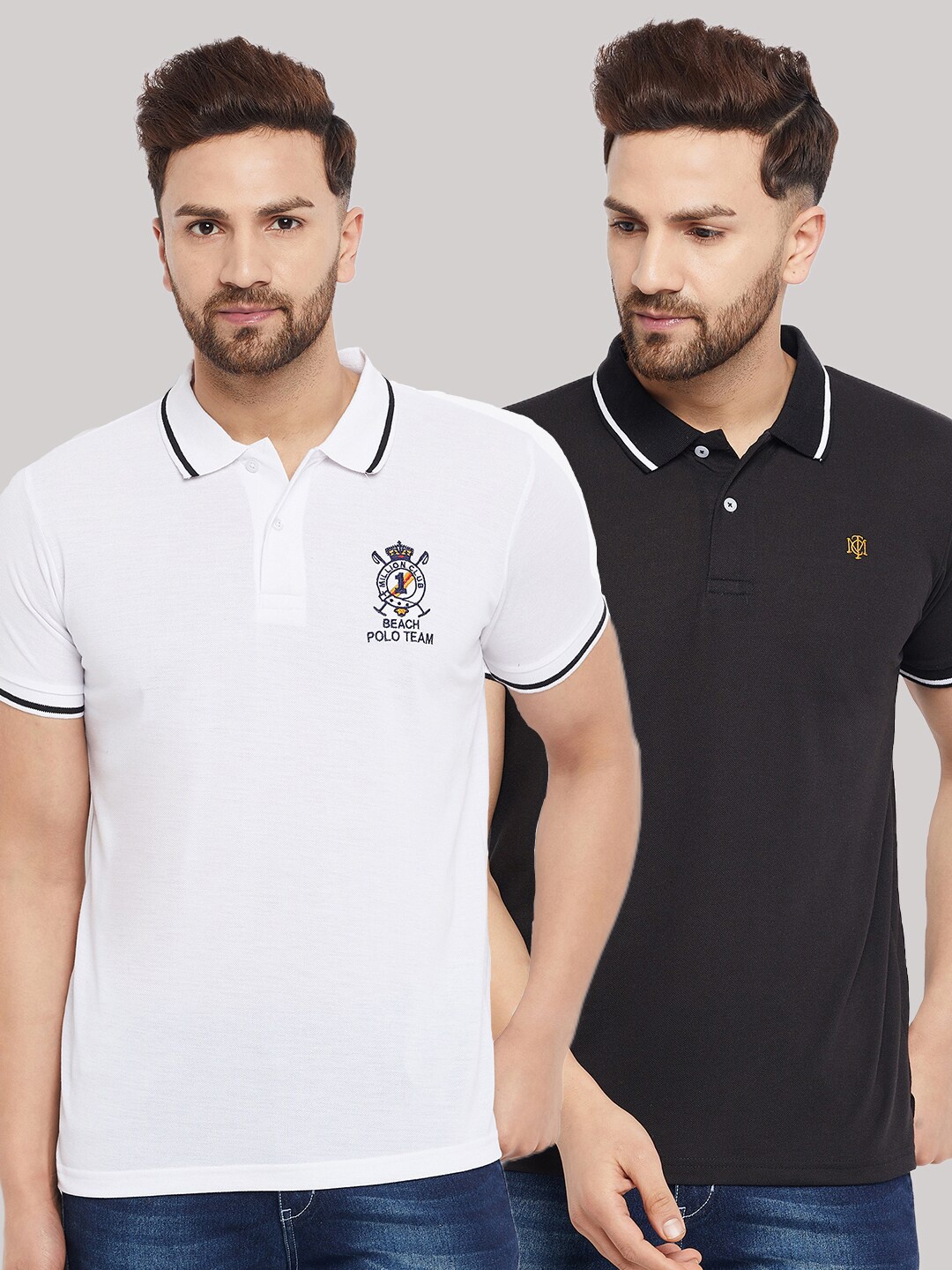 

THE MILLION CLUB Men White & Black Pack of 2 Polo Collar Cotton T-shirt