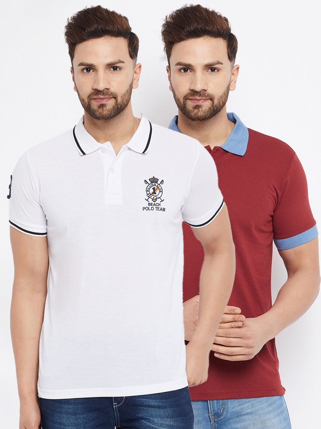 

THE MILLION CLUB Men White & Maroon Pack of 2 Polo Collar Cotton T-shirt