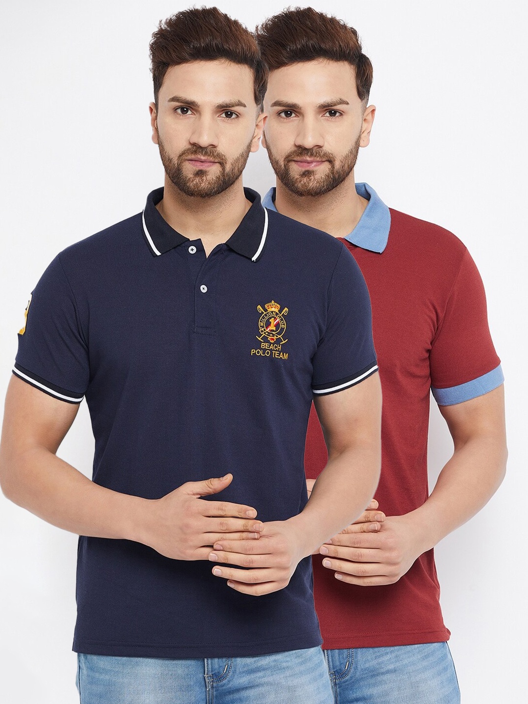 

THE MILLION CLUB Men Set Of 2 Navy Blue & Red Polo Collar Cotton T-shirt