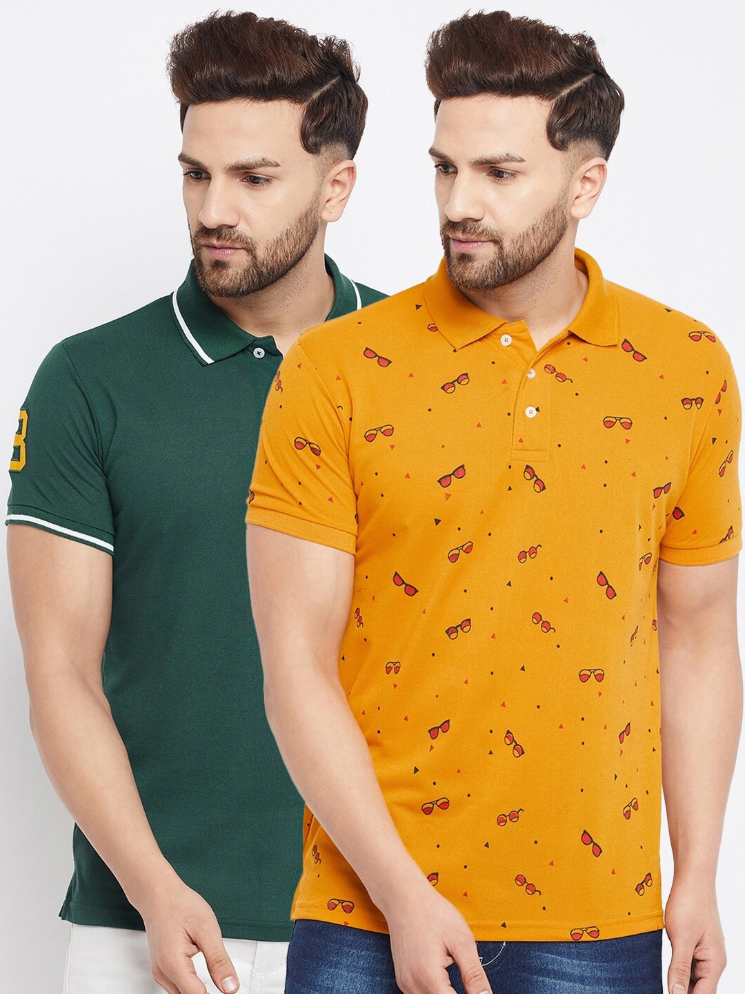 

THE MILLION CLUB Men Pack of 2 Green & Mustard Yellow Printed Polo Collar T-shirt