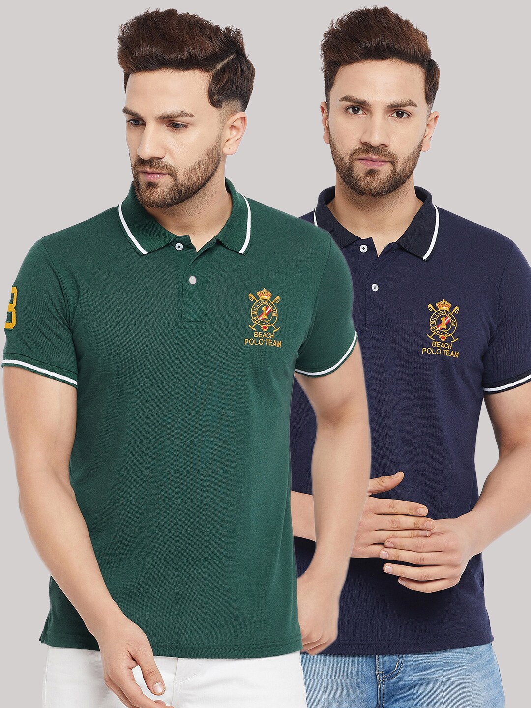 

THE MILLION CLUB Men Set Of 2 Green & Navy Blue Polo Collar Cotton T-shirt