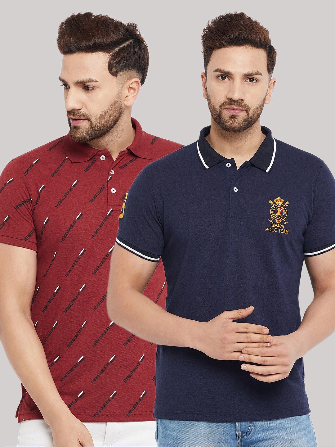 

THE MILLION CLUB Men Navy Blue & Maroon Set Of 2 Polo Collar T-shirt