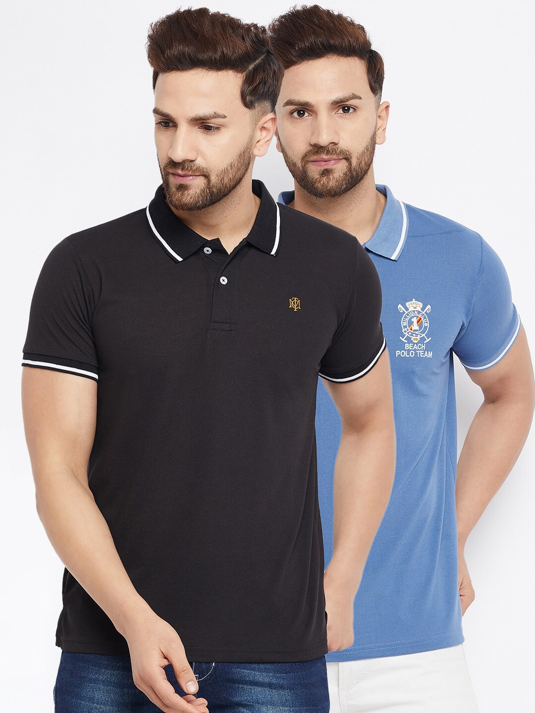 

THE MILLION CLUB Men Set Of 2 Black & Blue Polo Collar Cotton T-shirt