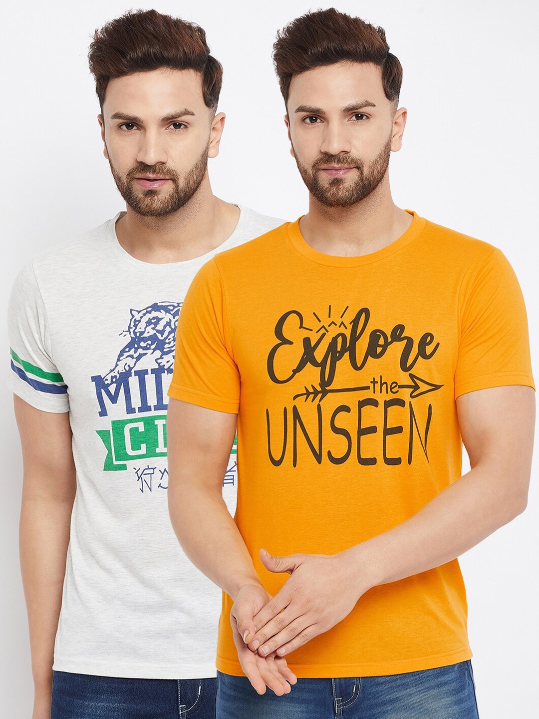 

THE MILLION CLUB Men Pack Of 2 Yellow & White Typography Printed T-shirt
