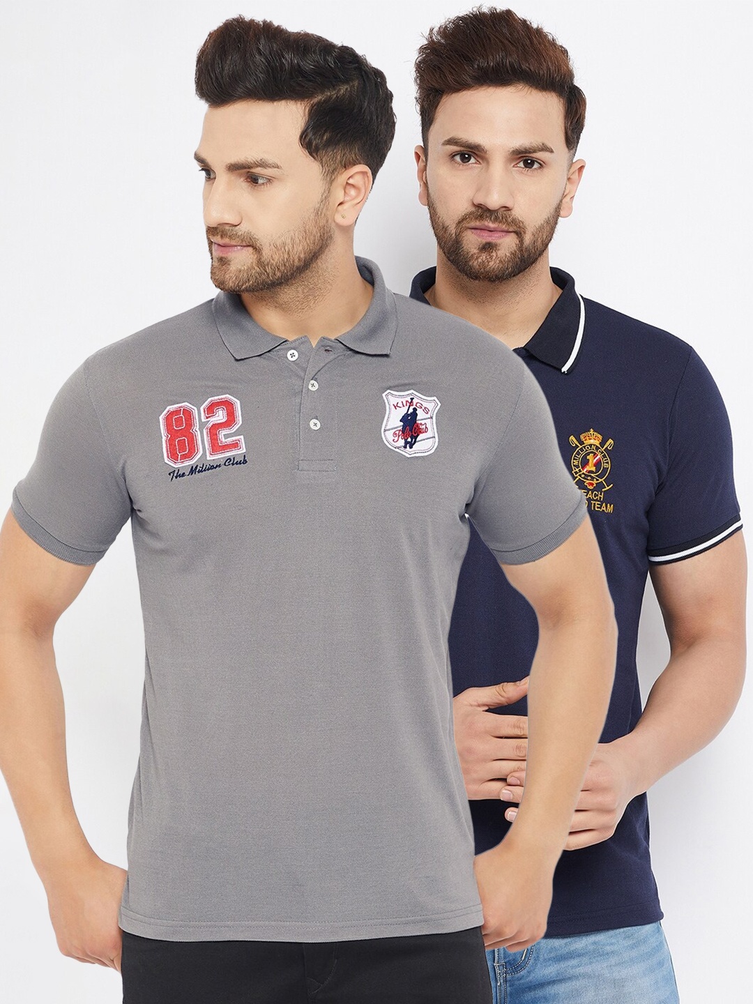 

THE MILLION CLUB Men Set Of 2 Grey & Navy Blue Typography Polo Collar Cotton T-shirt
