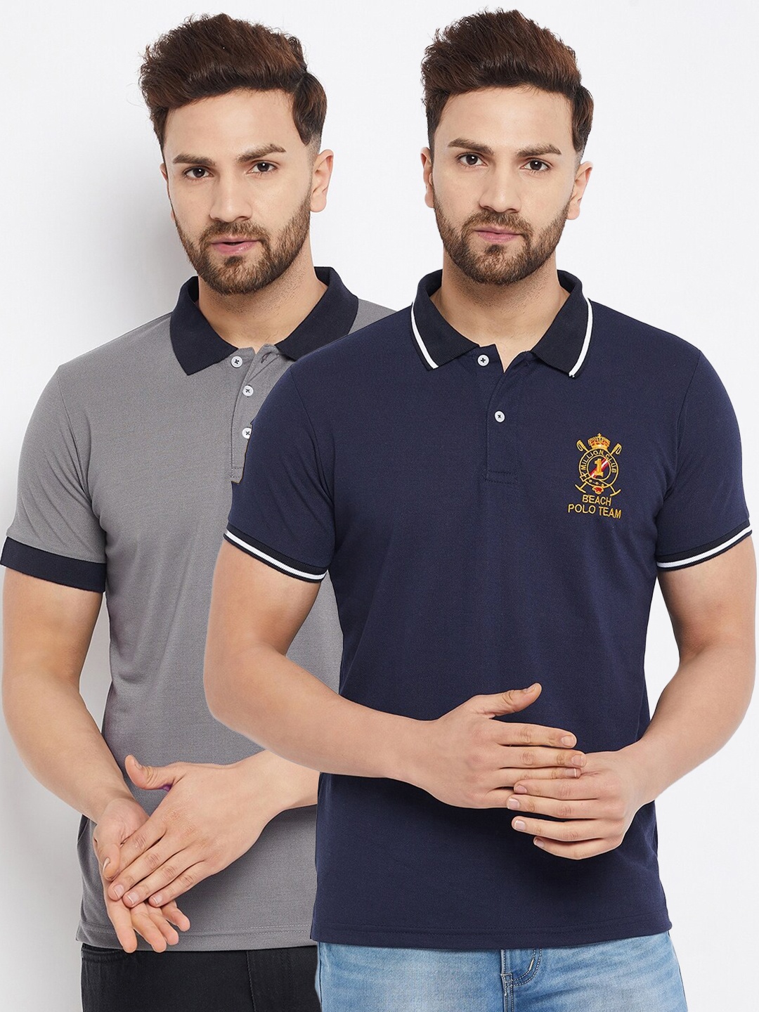 

THE MILLION CLUB Men Pack Of 2 Navy Blue & Grey Polo Collar T-shirt