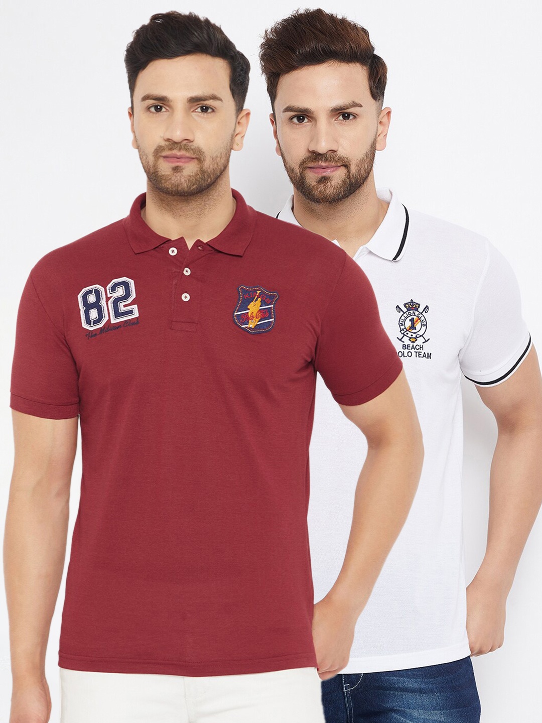 

THE MILLION CLUB Men White & Maroon Pack of 2 Polo T-shirt