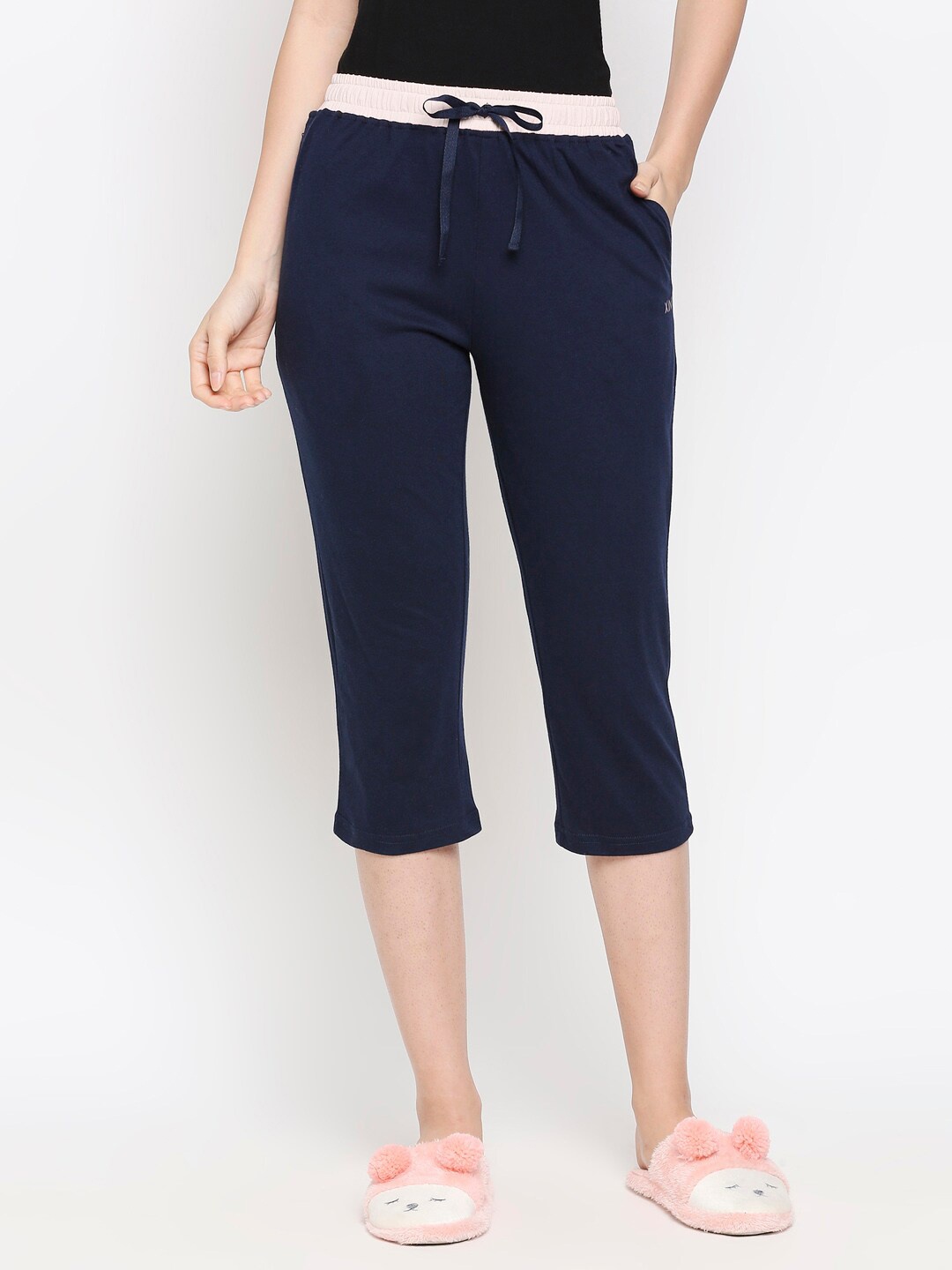 

XIN Women Navy Blue & Pink Cotton Capris