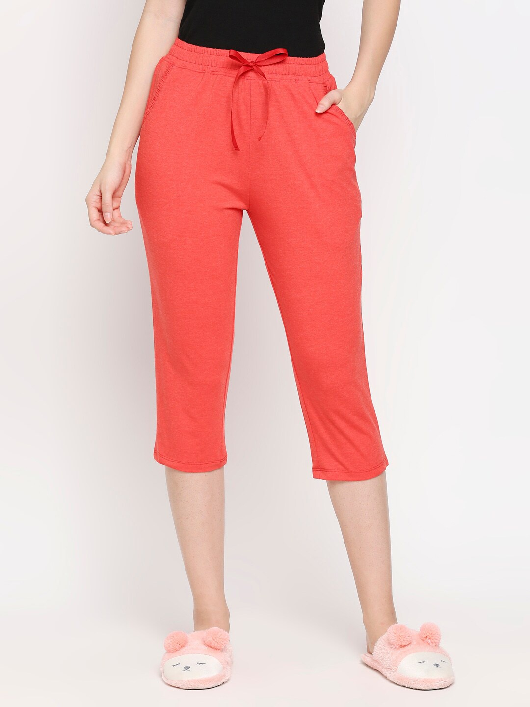 

XIN Women Coral Red Pure Cotton Capris