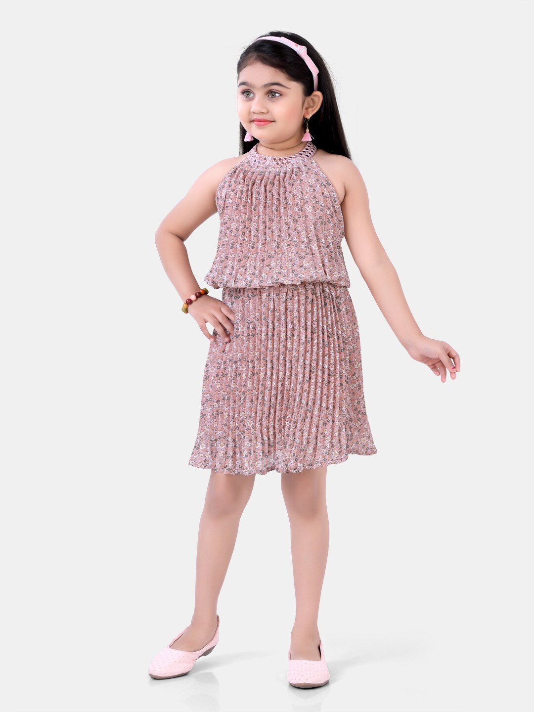 

POPLINS Girls Pink & White Floral Pleated Cotton Dress