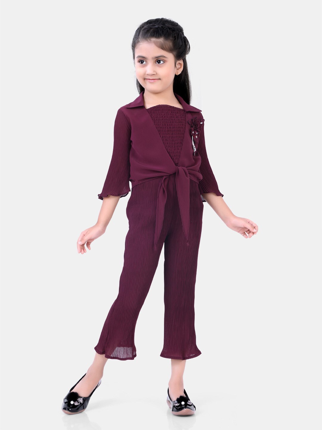 

POPLINS Girls Purple Cotton Basic Jumpsuit with Shrug