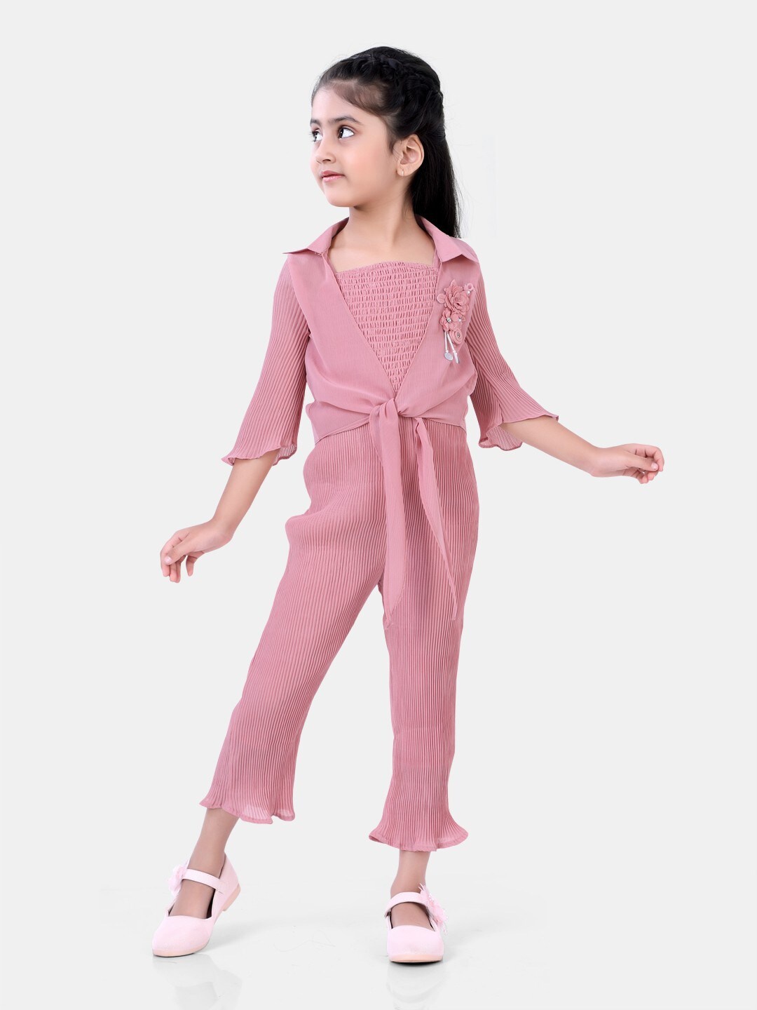 

POPLINS Girls Pink Smocked Cotton Basic Jumpsuit with Jacket
