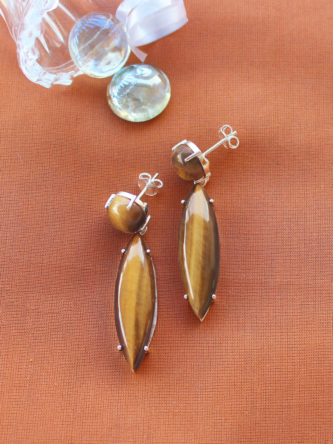 

ERILINE JEWELRY Silver-Toned & Brown Tiger Eye 925 Sterling Silver Drop Earrings