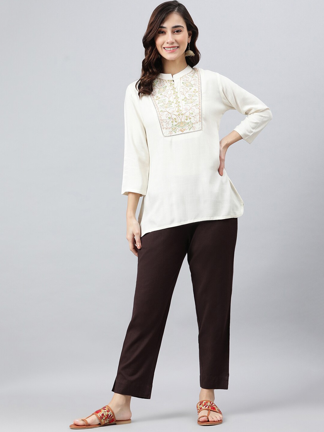 

Janasya Women Cream Rayon Slub Embroidered A-Line Top