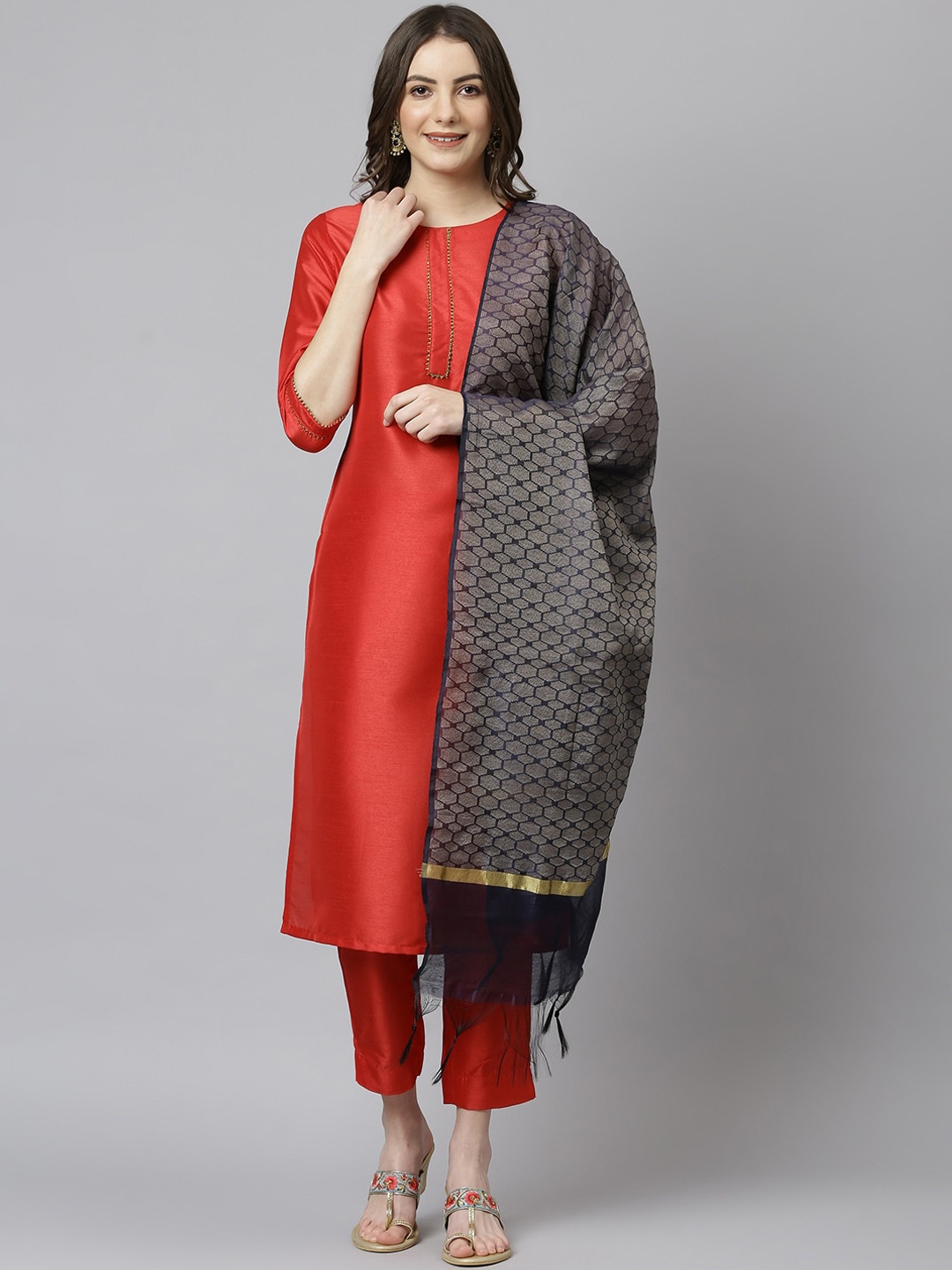 

Janasya Women Red Poly Silk Solid Kurta with Pant & Dupatta
