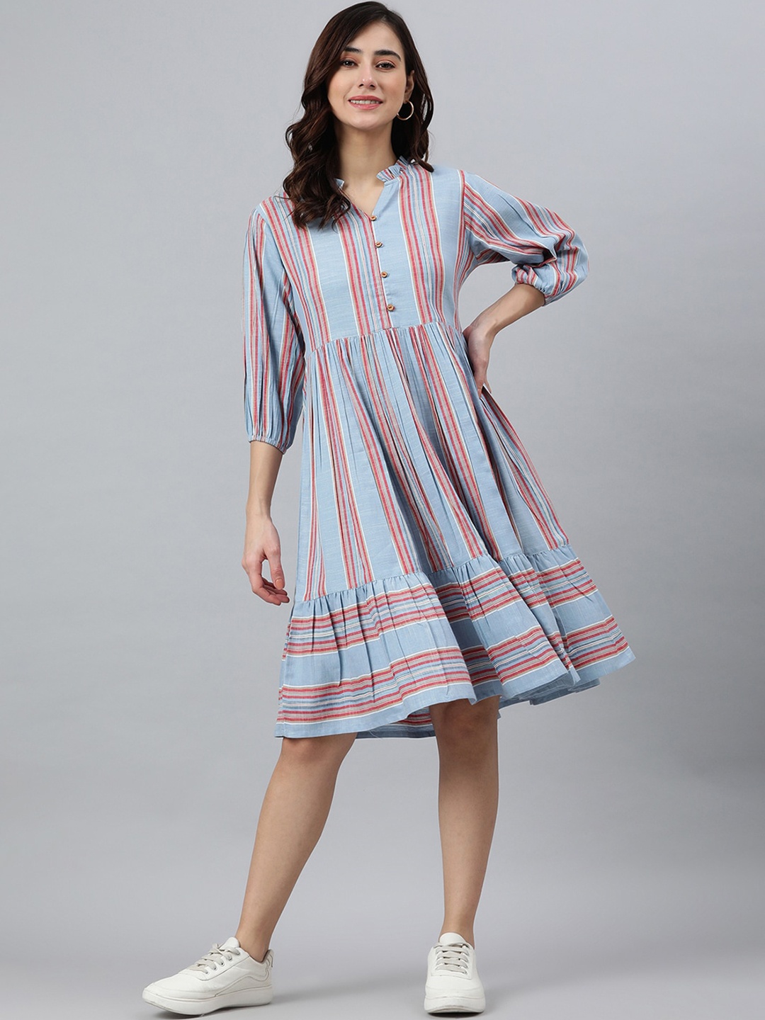 

Janasya Women Blue Cotton Blend Striped Flared Dress