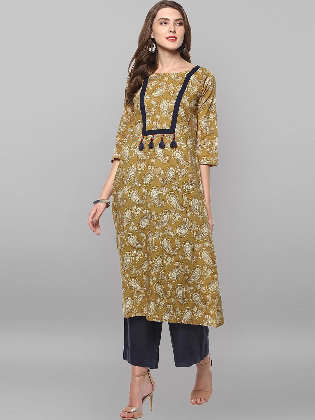 

Janasya Women Olive Green Cotton Ethnic Motifs Straight Kurta