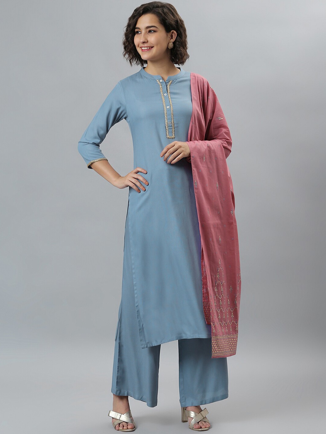 

Janasya Women Blue Rayon Straight Kurta with Palazzo & Dupatta