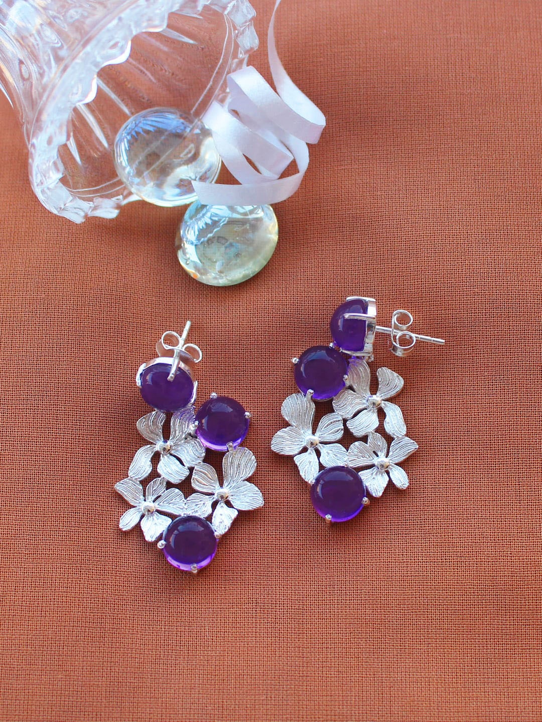 

ERILINE JEWELRY 925 Sterling Silver & Purple Amethyst Floral Drop Earrings