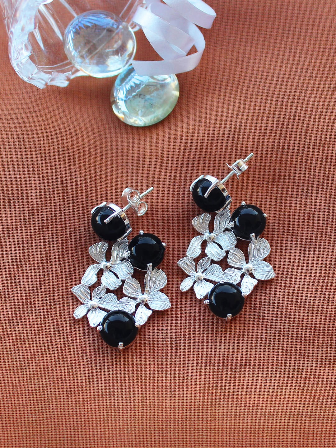 

ERILINE JEWELRY Silver-Toned & Black Onyx Contemporary 925 Sterling Silver Drop Earrings