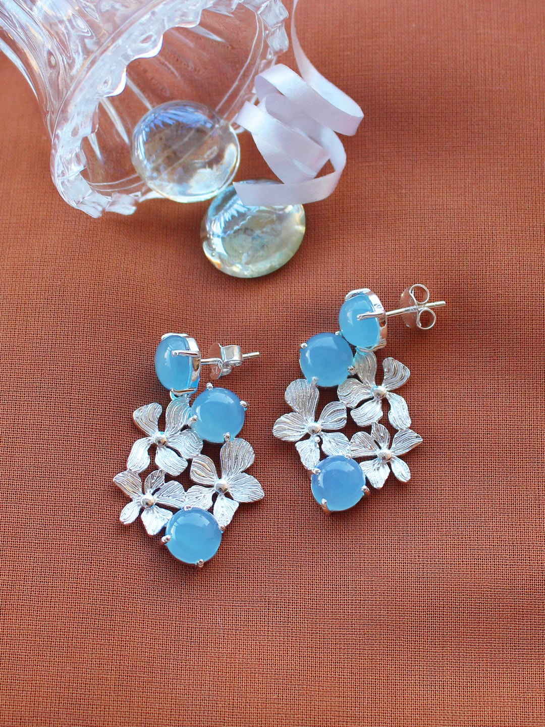 

ERILINE JEWELRY Silver-Plated Blue Floral 925 Sterling Silver Chalcedony Drop Earrings