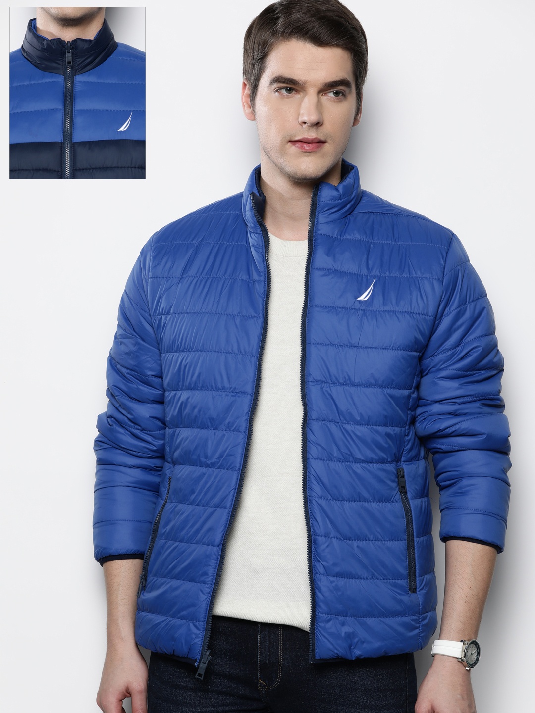 Nautica Men Blue Solid Reversible Padded Jacket