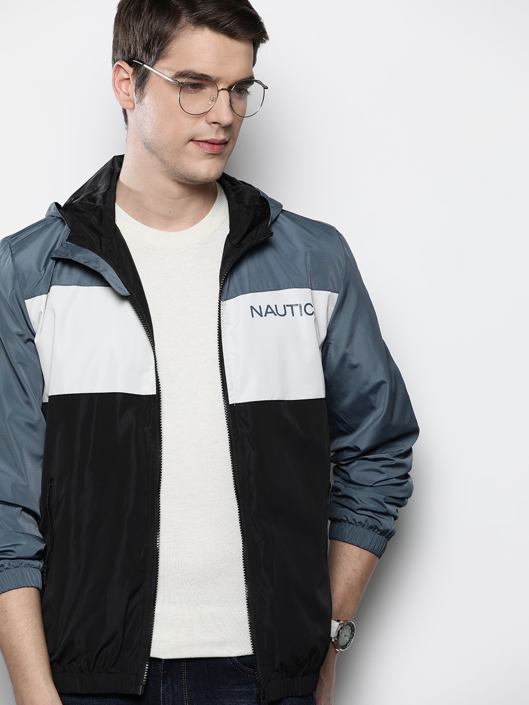 

Nautica Men Grey & Black Colourblocked Hooded Open Front Jacket