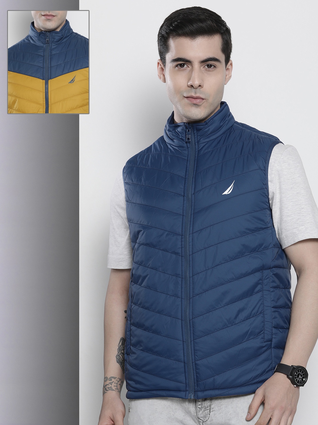 

Nautica Men Colourblocked Reversible Padded Jacket, Navy blue