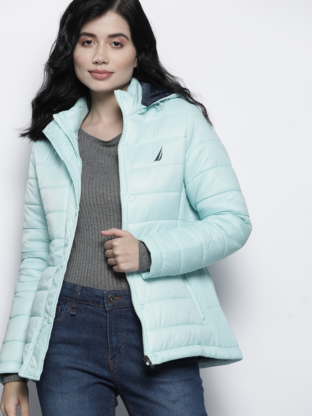 

Nautica Women Blue Solid Padded Jacket With Detachable Hood