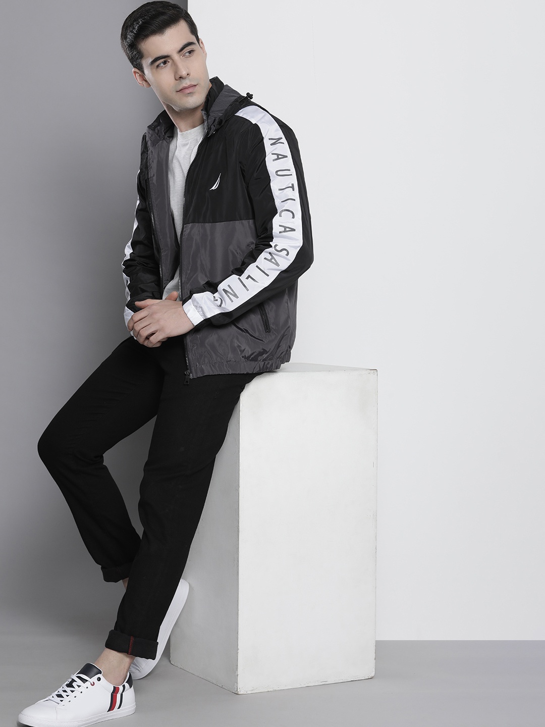 

Nautica Men Printed Sporty Jacket With Detachable Hood, Charcoal